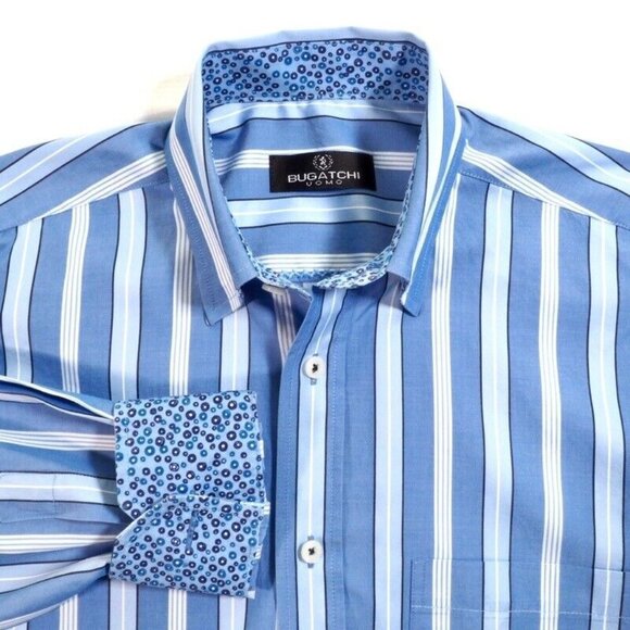 Bugatchi Mens Small 14-14.5 Long Sleeve Striped Shirts With Contrast Cuffs & Col - Picture 3 of 9